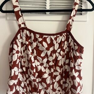 Floral Print Women's Blouse Burnt Orange White Tank Top Shirt Adjustable
